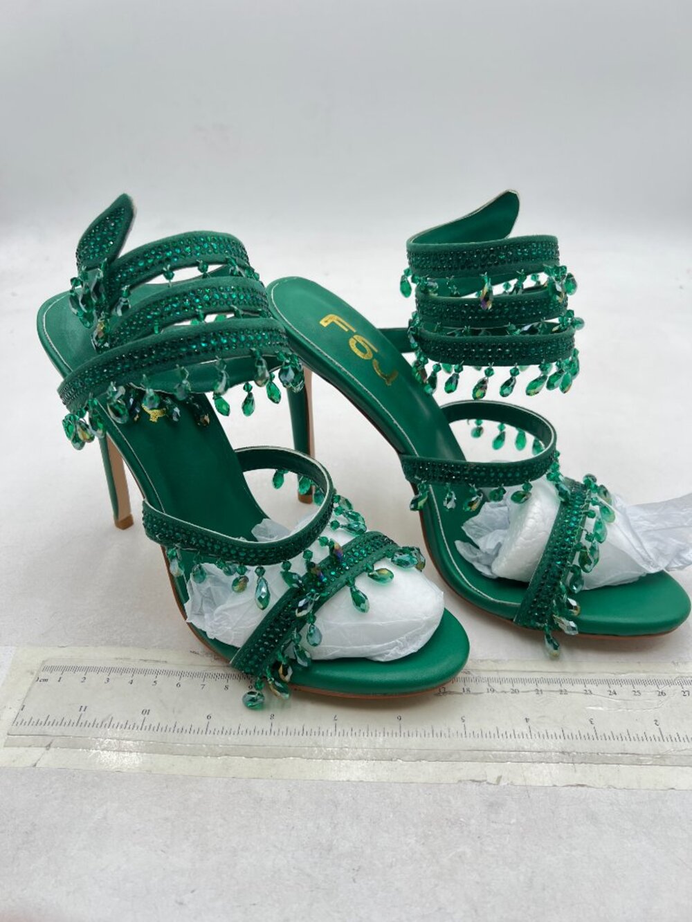FSJ Green Open Toe Wrap Around Rhinestone Sandals Strappy Stiletto Heels - Picture 4 of 8